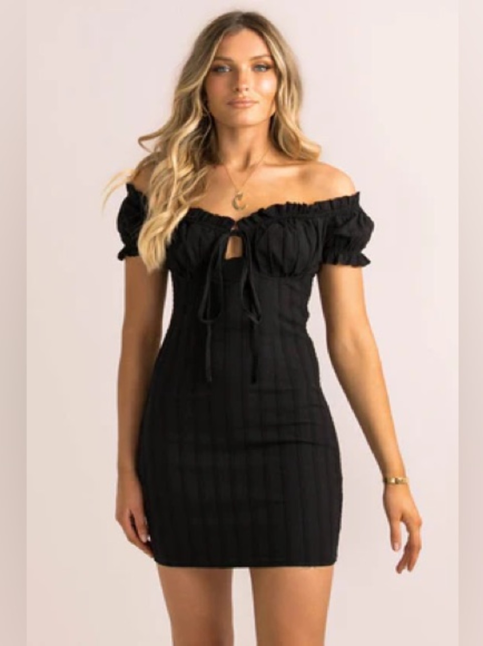 Off-Shoulder Black Bodycon Dress with Tie Front
